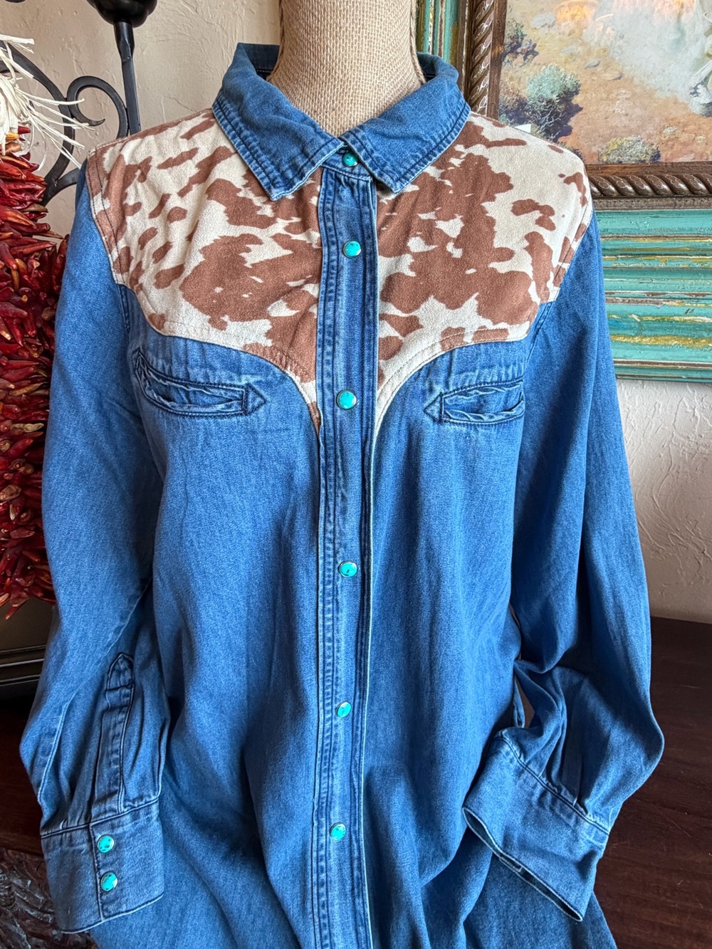 Denim Western pearl snap Shirt/shacket with Brown Cowprint Yoke
